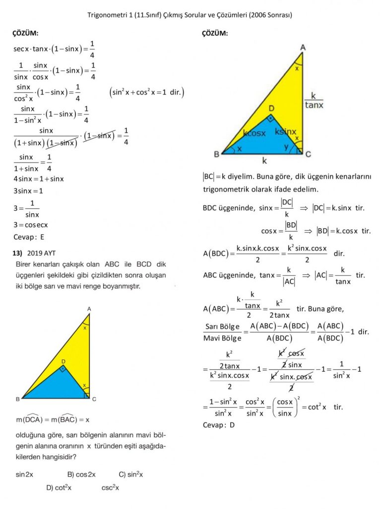 AYT Trigonometri Çıkmış Sorular Ve Çözümleri PDF İndir | Öğrenci Gündemi